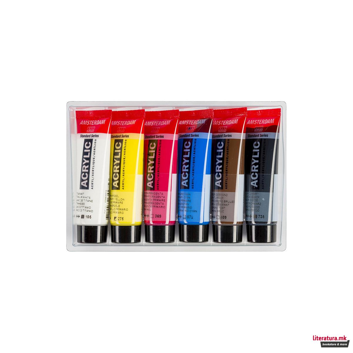 Сет акрилни бои - примарни, Amsterdam, All Acrylics - Standard Series primary set, 6 x 20мл 