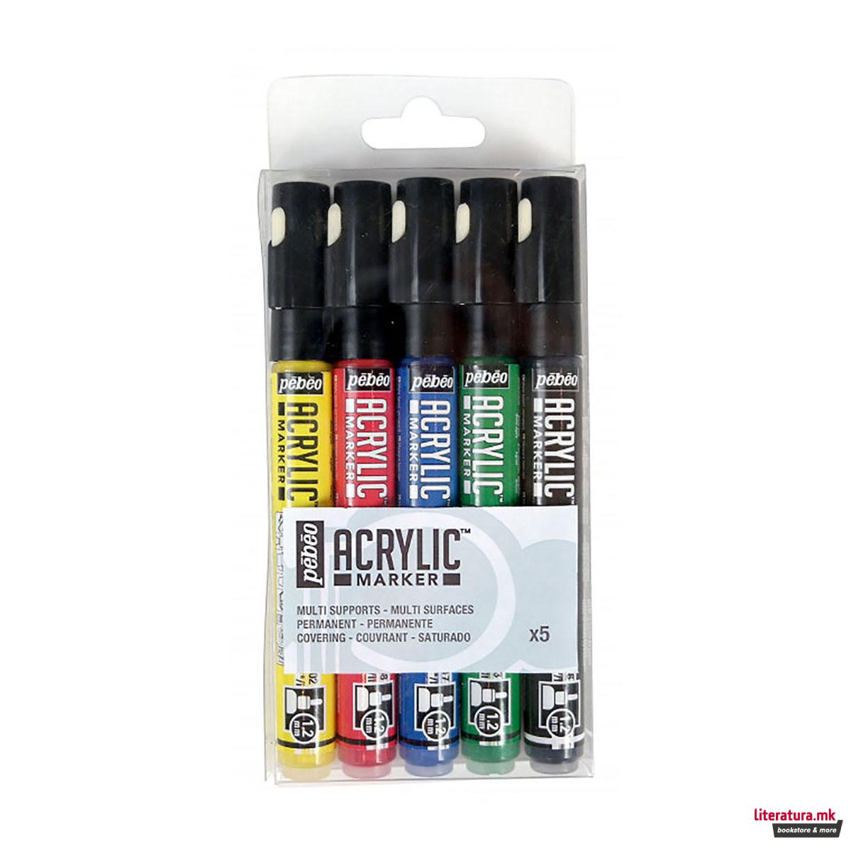 Сет акрилни маркери, Pebeo, Acrylic Маркер, Primary Assortment, 5 бои, 1.2мм 