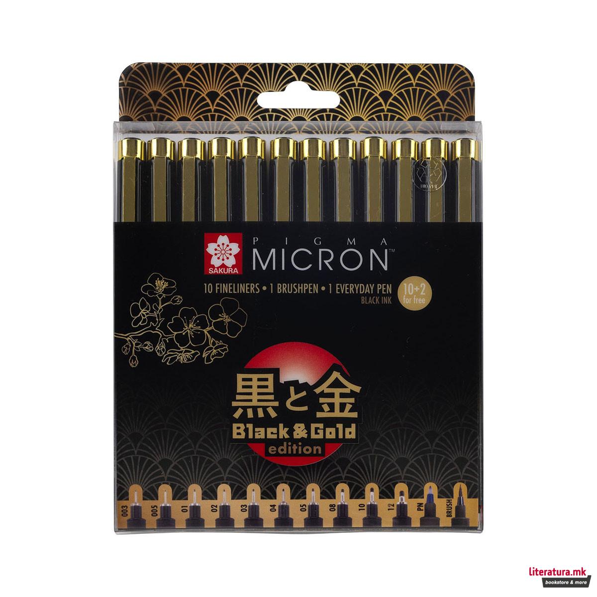 Сет фајнлајнери, Sakura, Pigma Micron, Black & Gold Edition, 1/12 