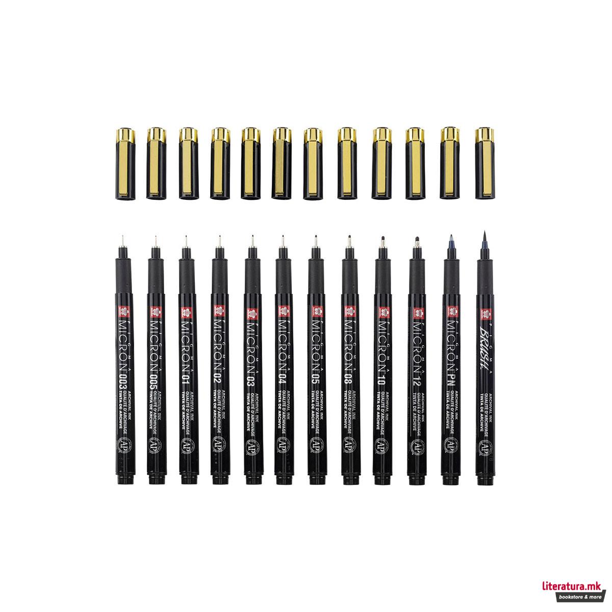 Сет фајнлајнери, Sakura, Pigma Micron, Black & Gold Edition, 1/12 