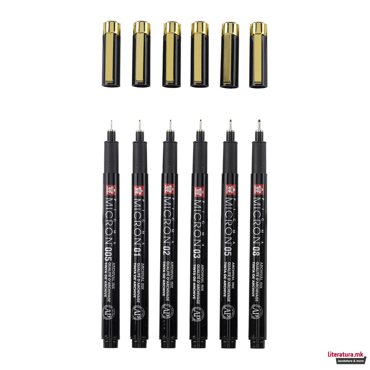 Сет фајнлајнери, Sakura, Pigma Micron, Black & Gold Edition, 1/6 