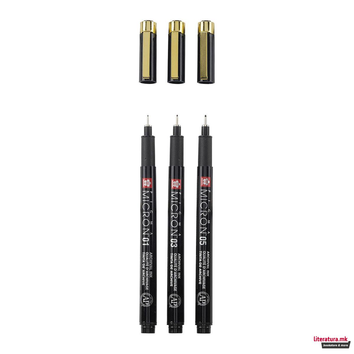 Сет фајнлајнери, Sakura, Pigma Micron, Black & Gold Edition, 1/3 
