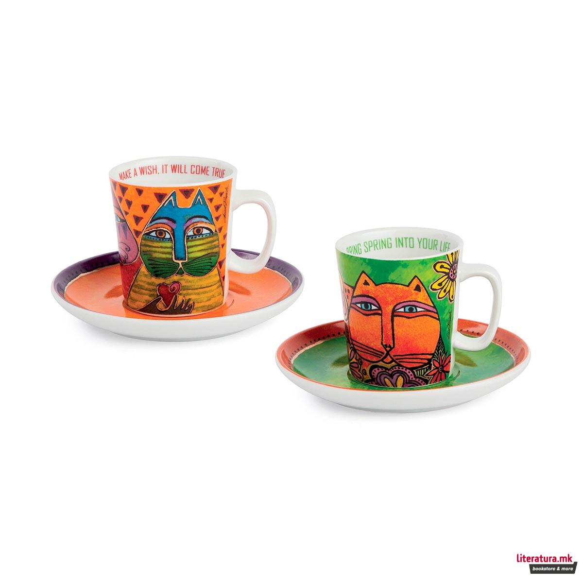 Сет од 2 шолји со тацни, Laurel Burch, зелена/портокалова 