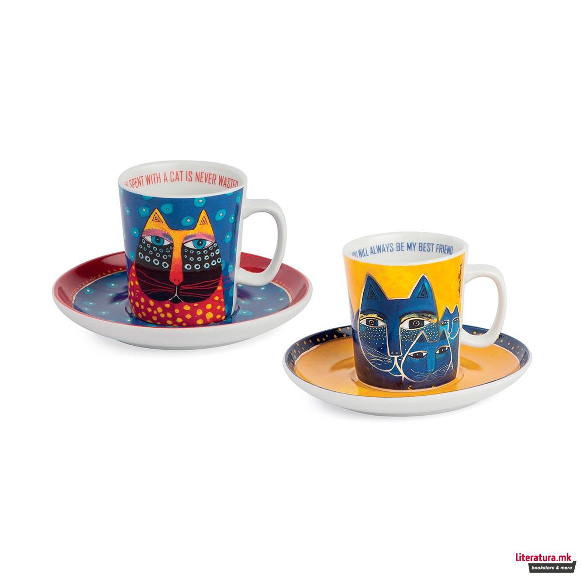 Сет од 2 шолји со тацни, Laurel Burch, сини/жолти 