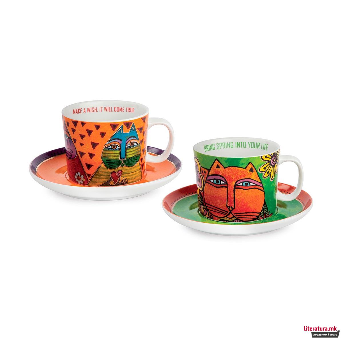 Сет од 2 шолји за капучино, Laurel Burch, зелена/портокалова 