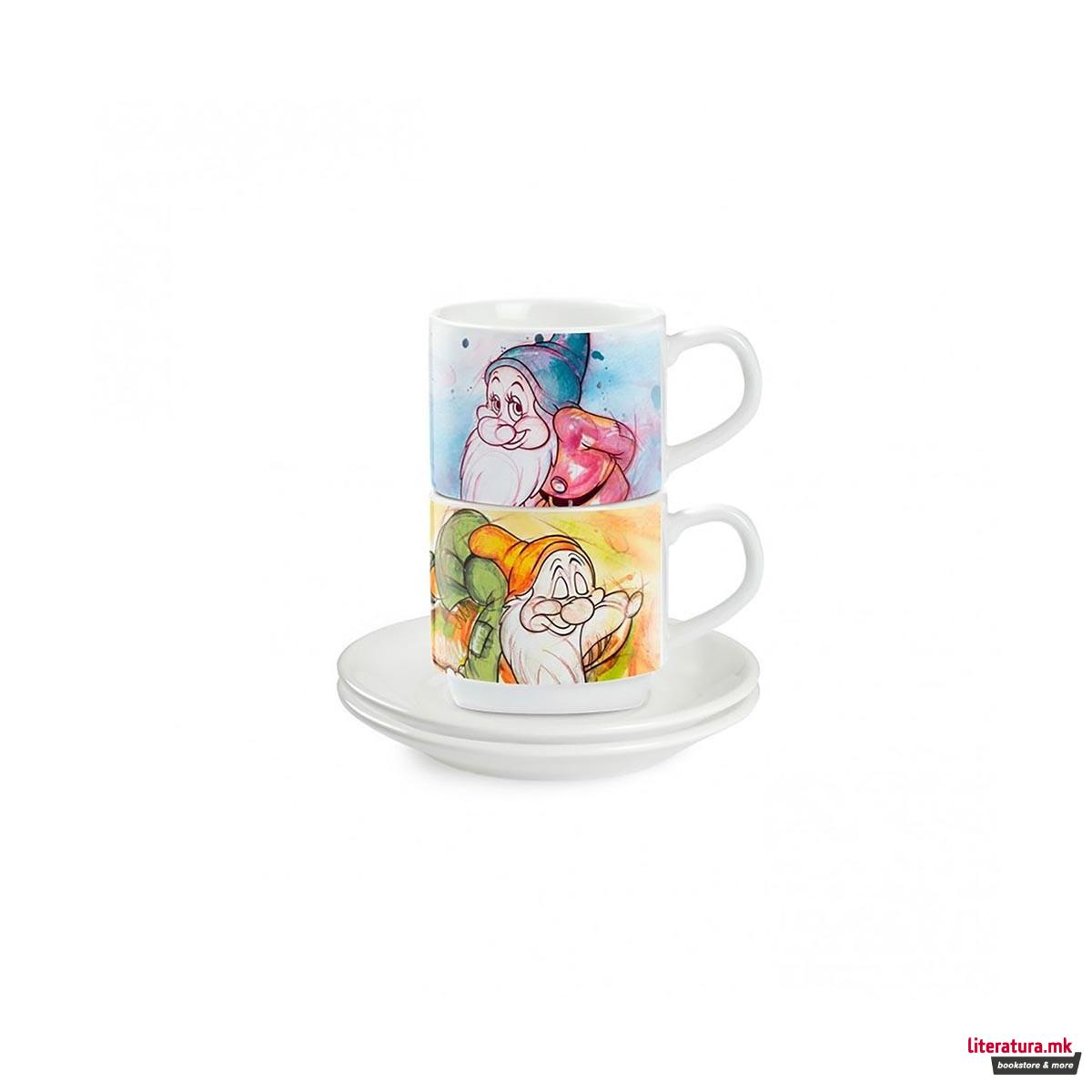 Сет од 2 шолји за еспресо со тацни, Disney, 7 Dwarfs - Bashful & Sleepy 