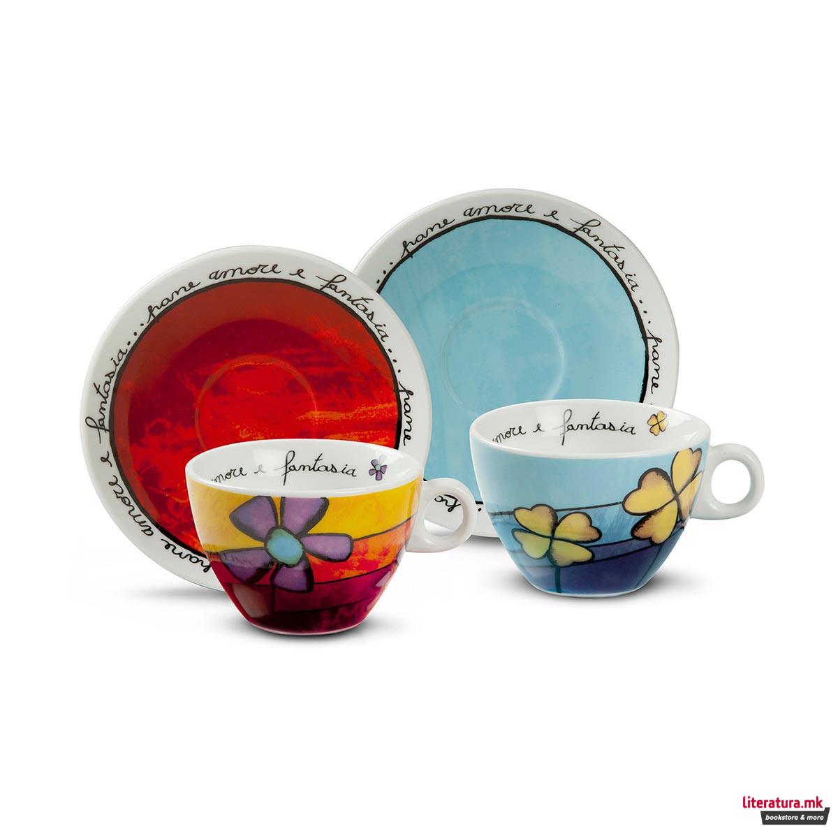 Сет од 2 шолји за капучино со тацни, Pane Amore Fantasia, сина/црвена 
