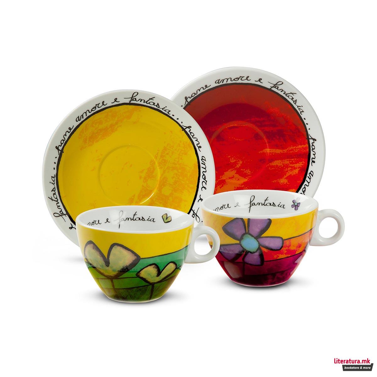 Сет од 2 шолји за капучино со тацни, Pane Amore Fantasia, зелена/црвена 