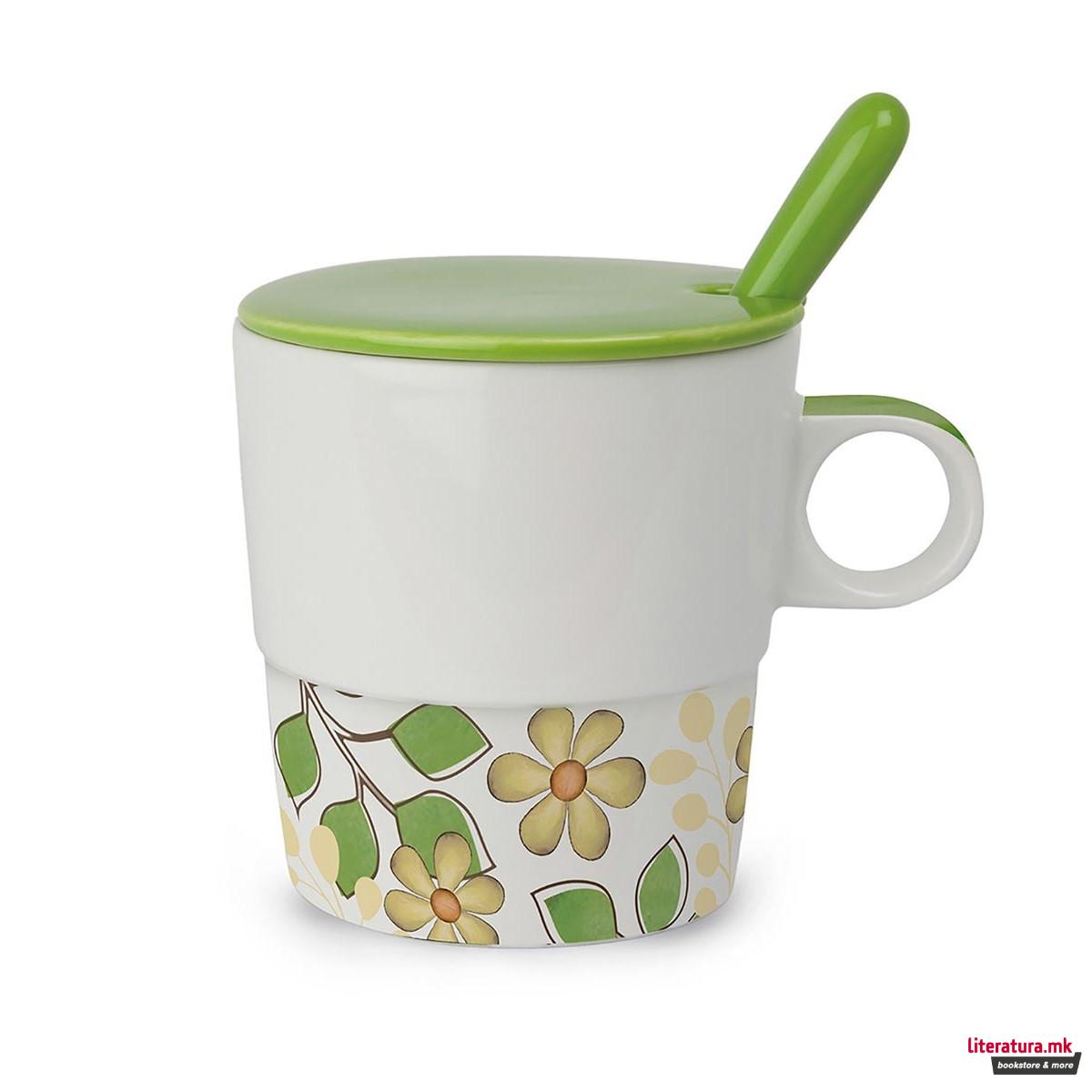 Шолја со капаче и лажица, Tea For Two, зелена 