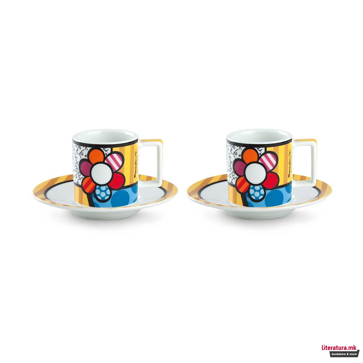 Сет од 2 шолји за еспресо со тацни, Britto - Flower 