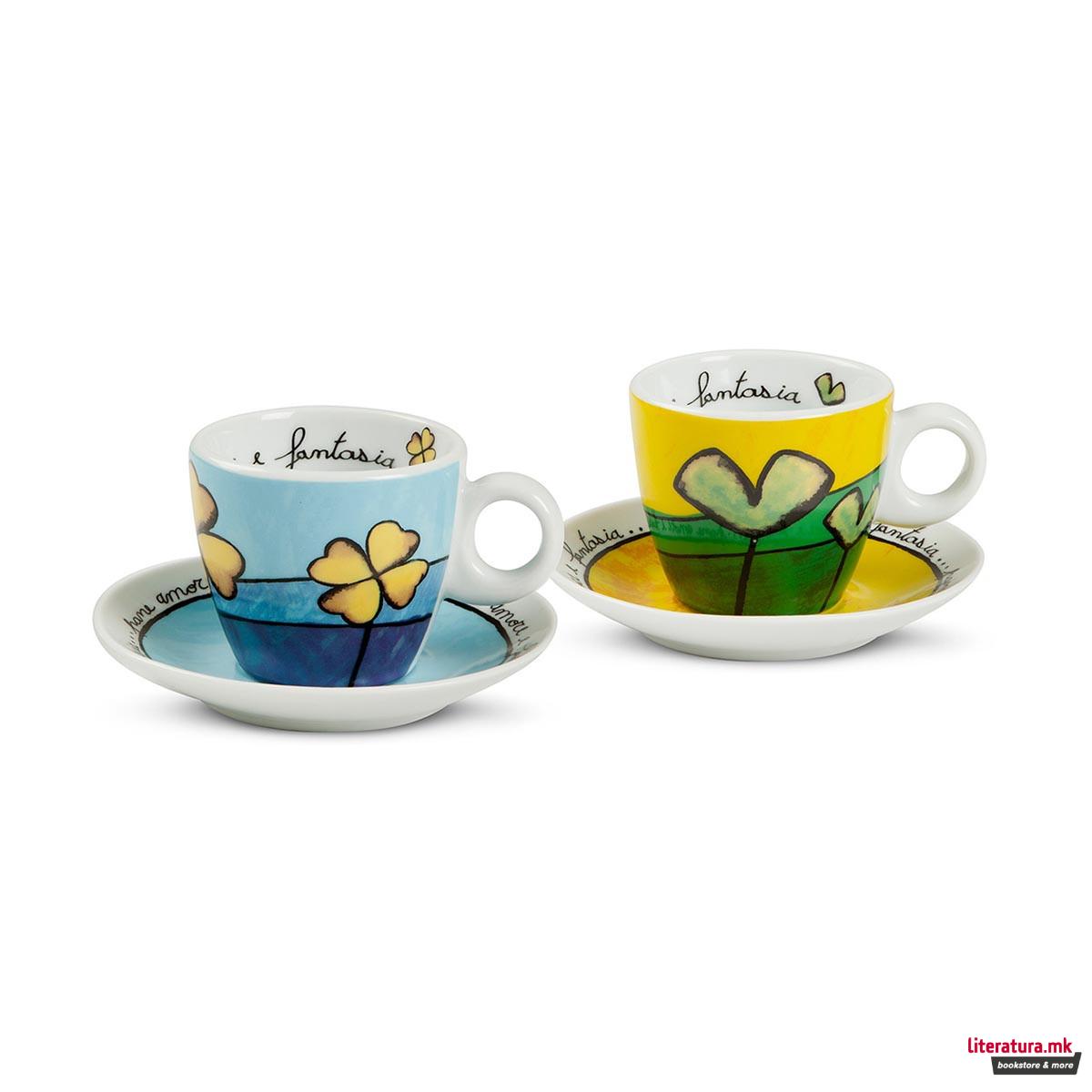 Сет од 2 шолји со тацни, Pane Amore Fantasia, зелена/сина 