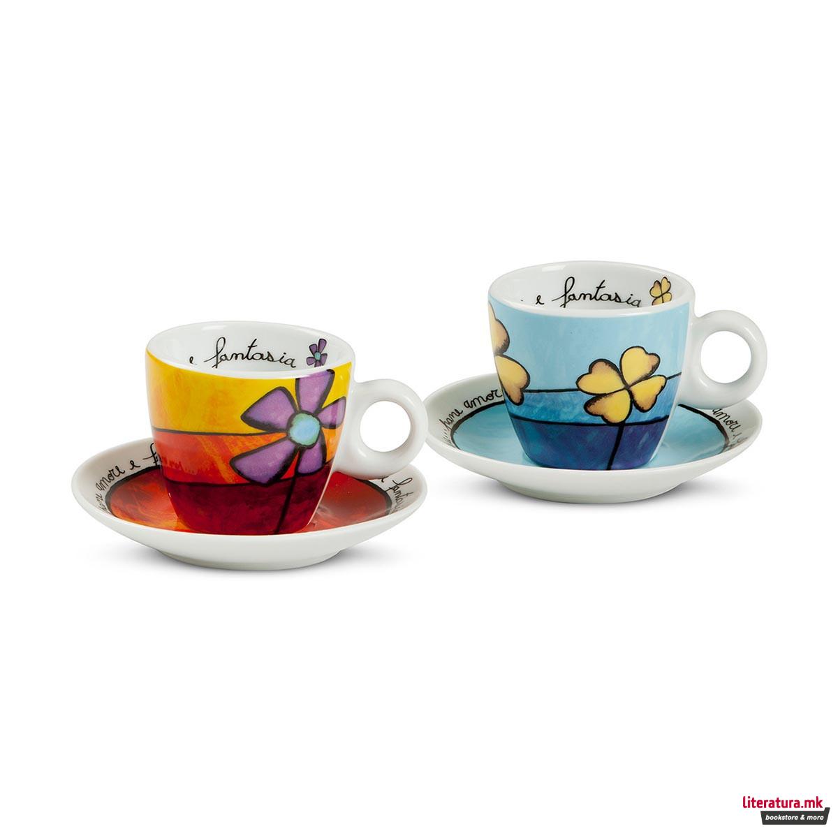 Сет од 2 шолји со тацни, Pane Amore Fantasia, сина/црвена 