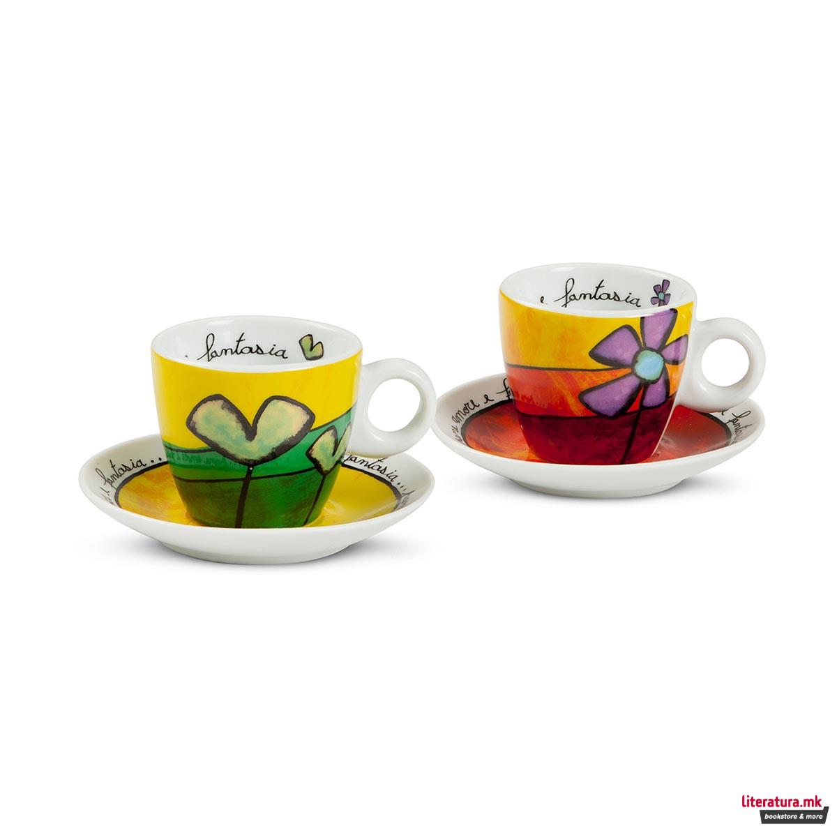 Сет од 2 шолји со тацни, Pane Amore Fantasia, зелена/црвена 