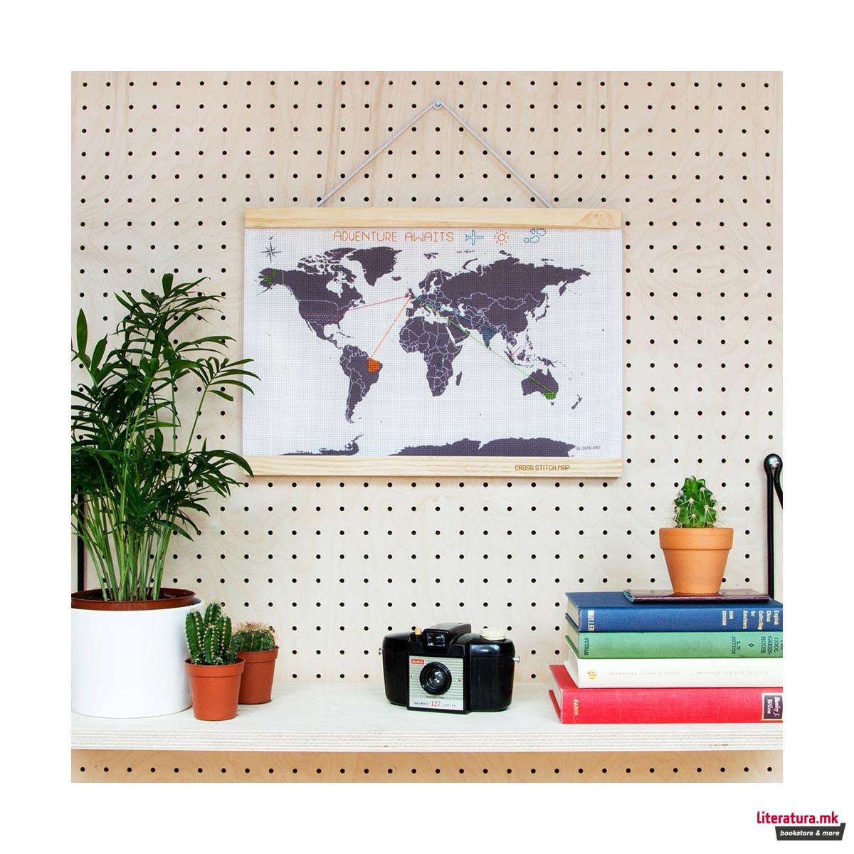 Везена мапа на светот, Cross Stitch Map, мала 