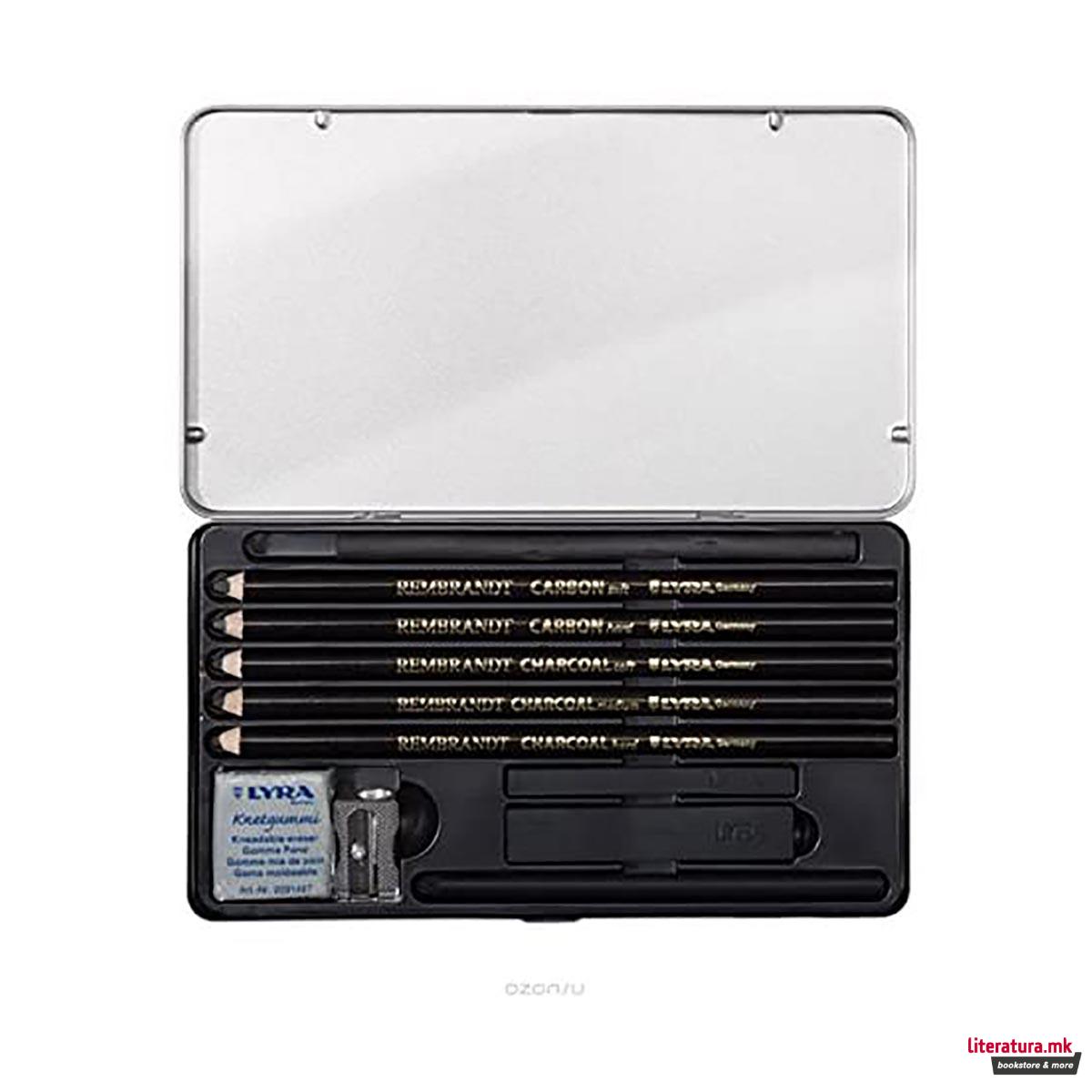 Сет јаглени за цртање во метална кутија, Lyra, Rembrandt - Charcoal Set, 1/11 