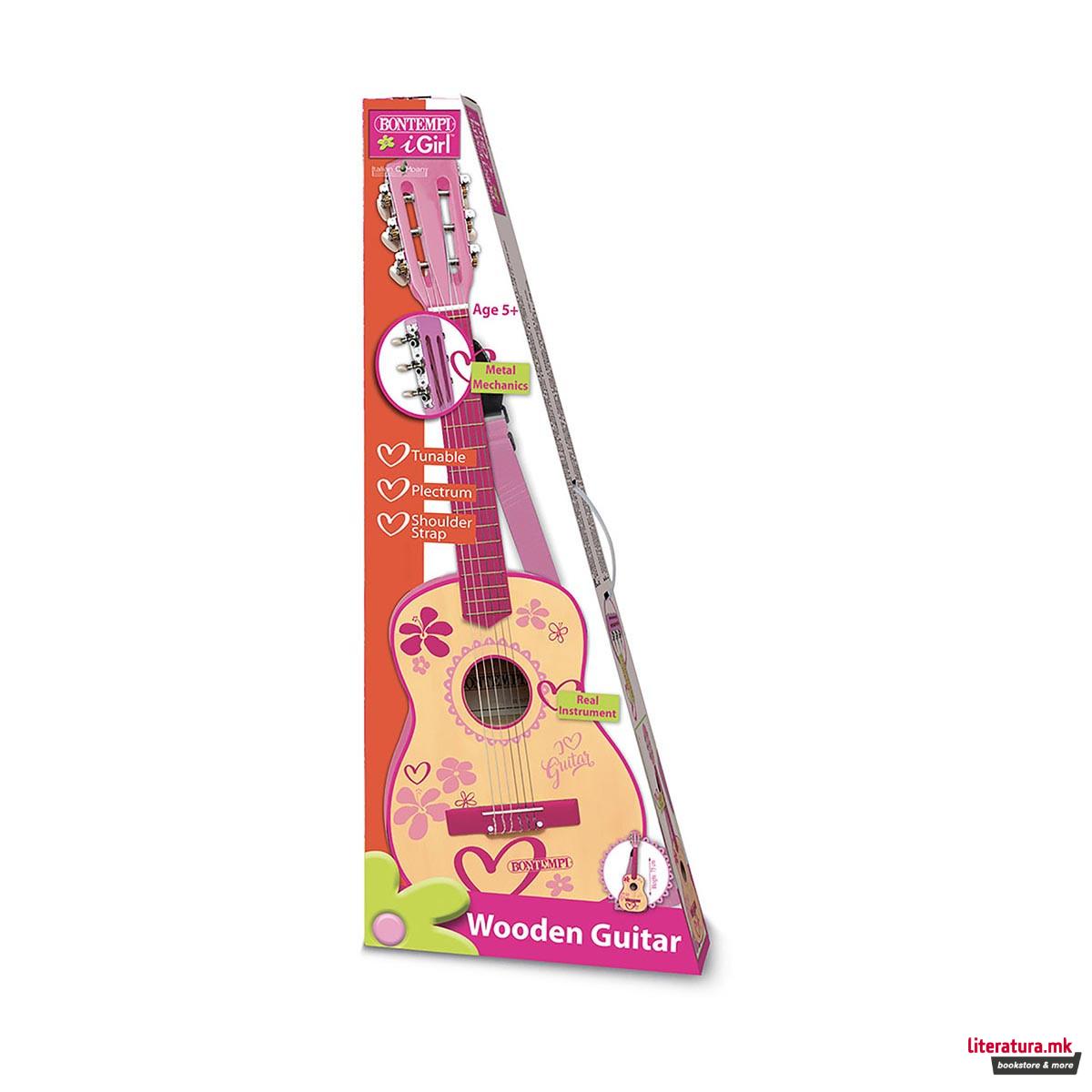 Дрвена гитара со ремен, iGirl, Wooden Guitar, 75 цм 