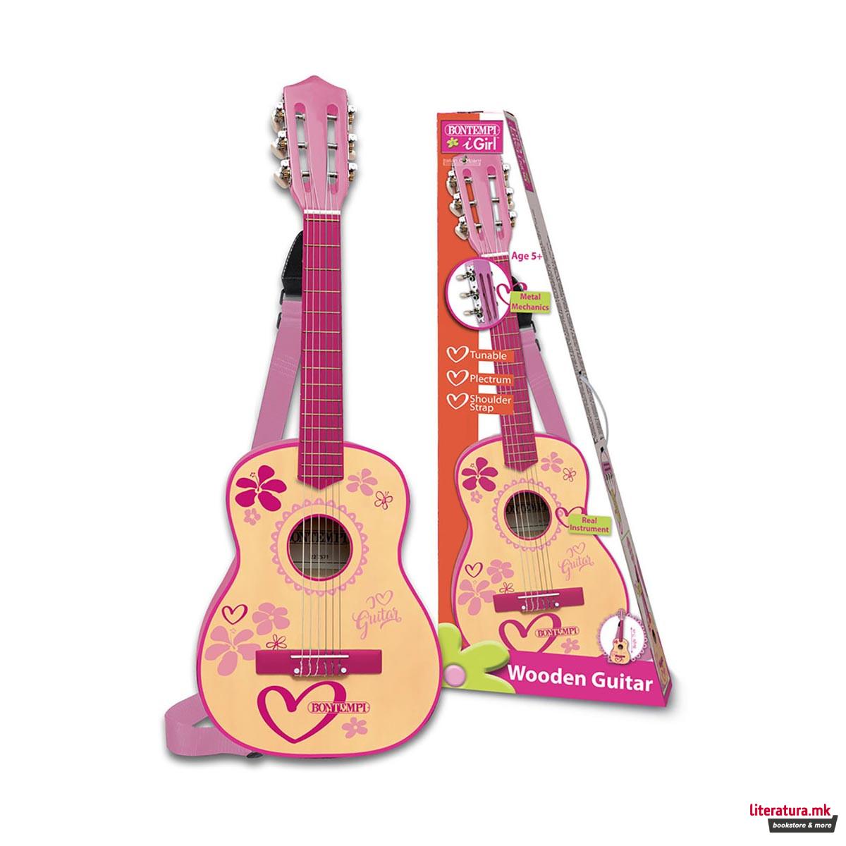 Дрвена гитара со ремен, iGirl, Wooden Guitar, 75 цм 