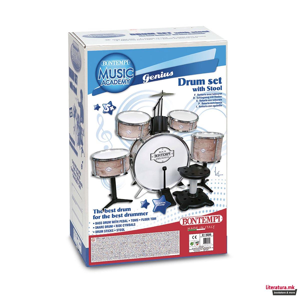Сет тапани со столче, Music Academy, Rock Drum Set, 6 елементи, розеви 