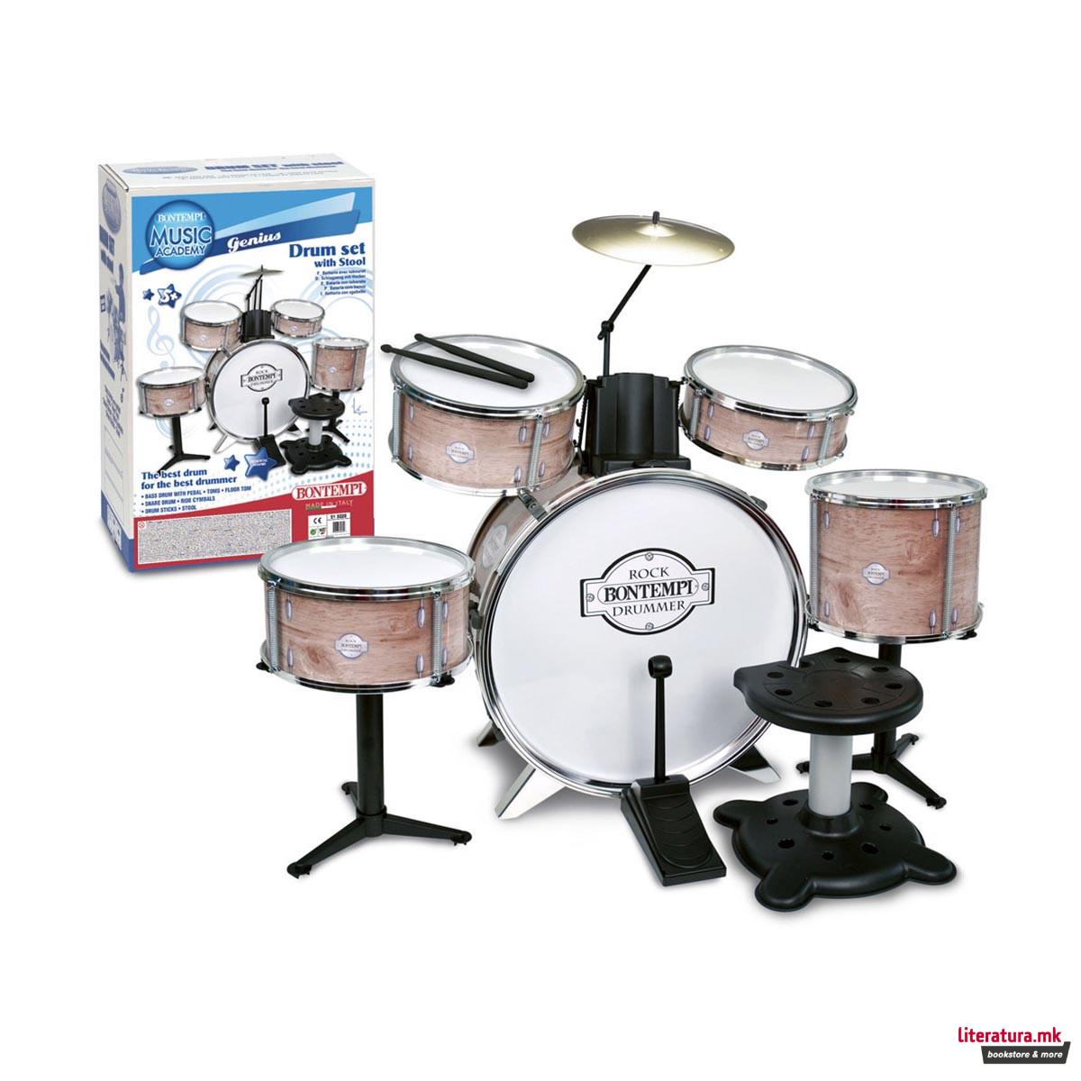 Сет тапани со столче, Music Academy, Rock Drum Set, 6 елементи, розеви 