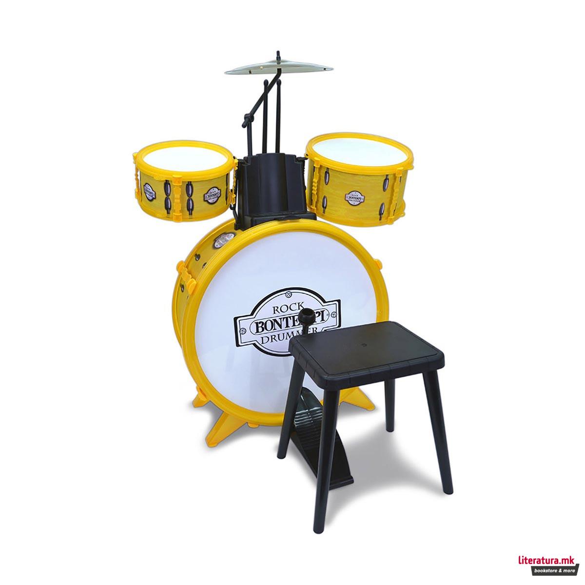 Сет тапани со столче, Toy Band, Rock Drum Set, 4 елементи, жолти