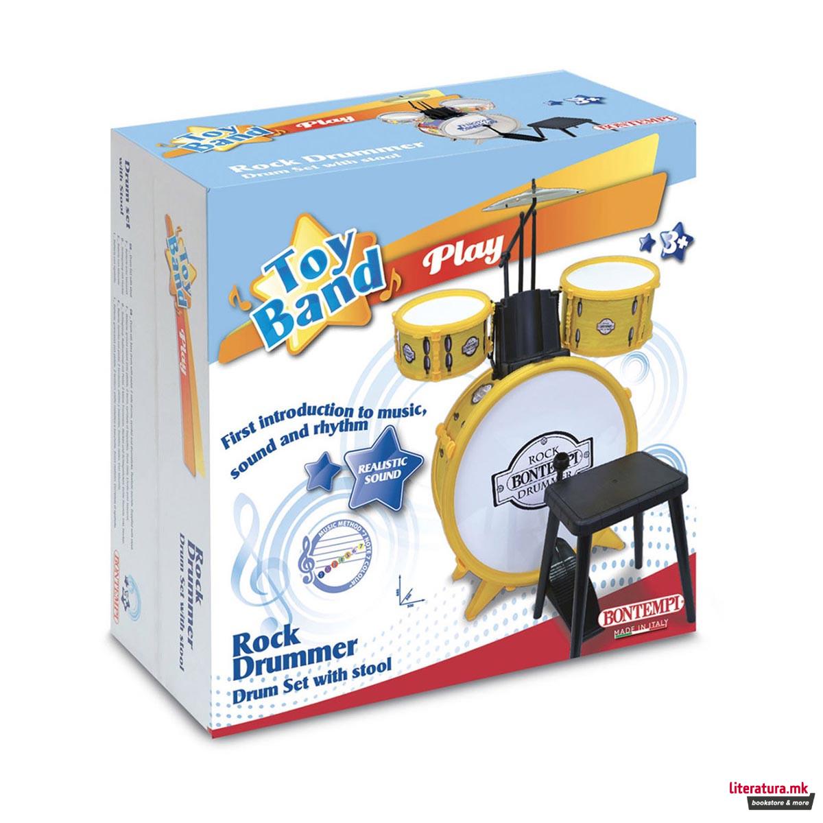 Сет тапани со столче, Toy Band, Rock Drum Set, 4 елементи, жолти