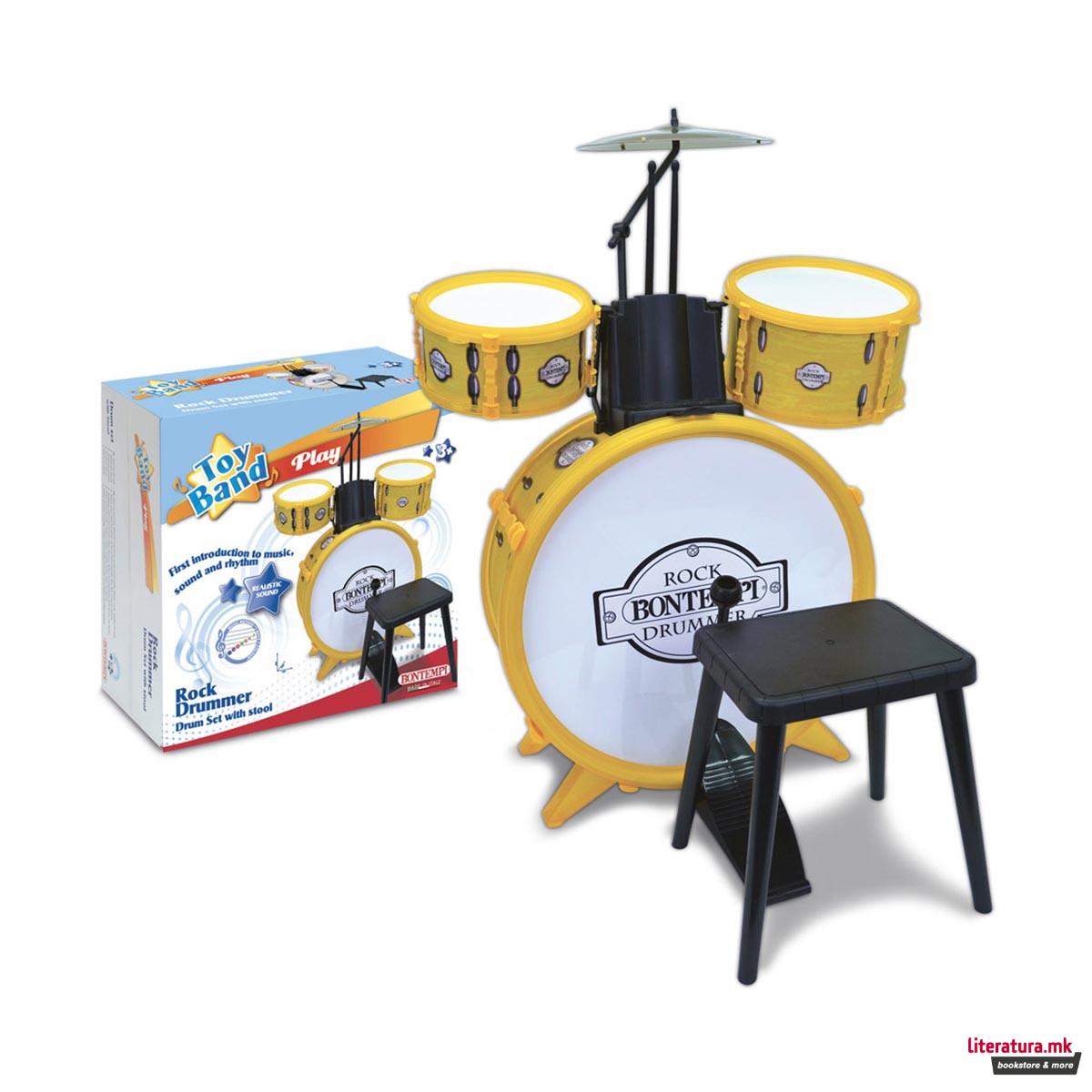 Сет тапани со столче, Toy Band, Rock Drum Set, 4 елементи, жолти