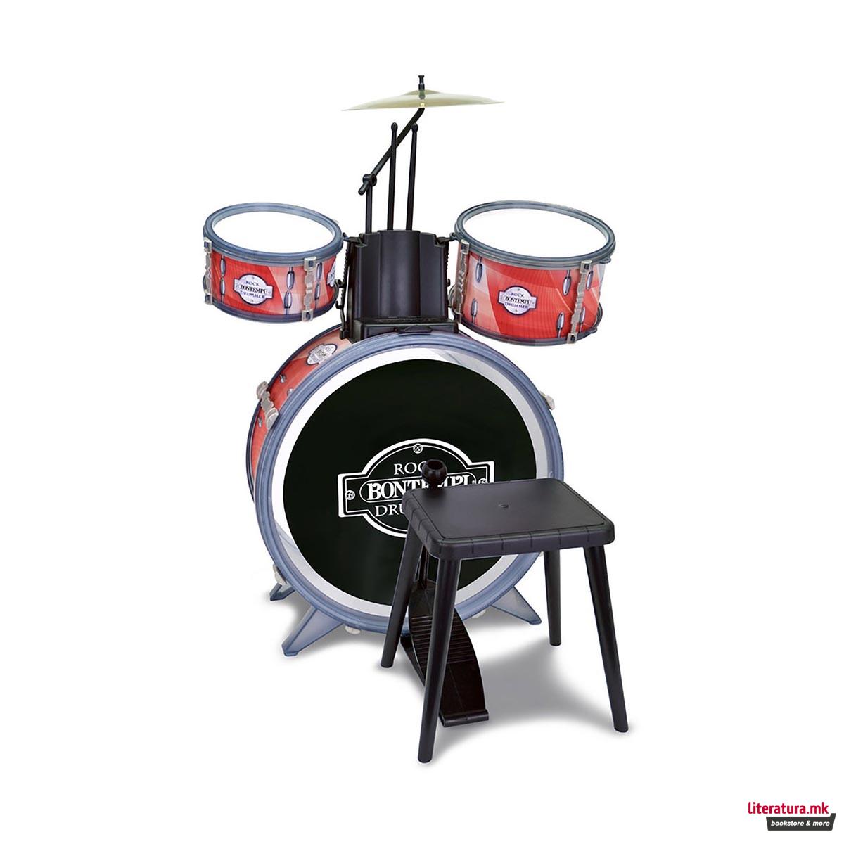 Сет тапани со столче, Toy Band, Rock Drum Set, 4 елементи, црвени 