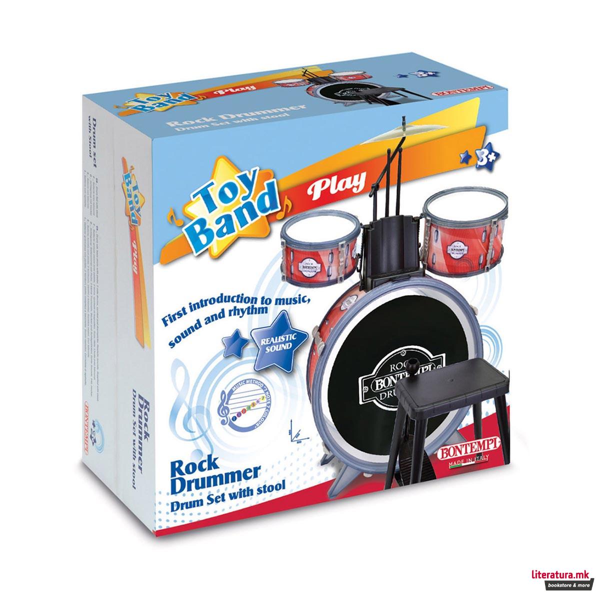 Сет тапани со столче, Toy Band, Rock Drum Set, 4 елементи, црвени 