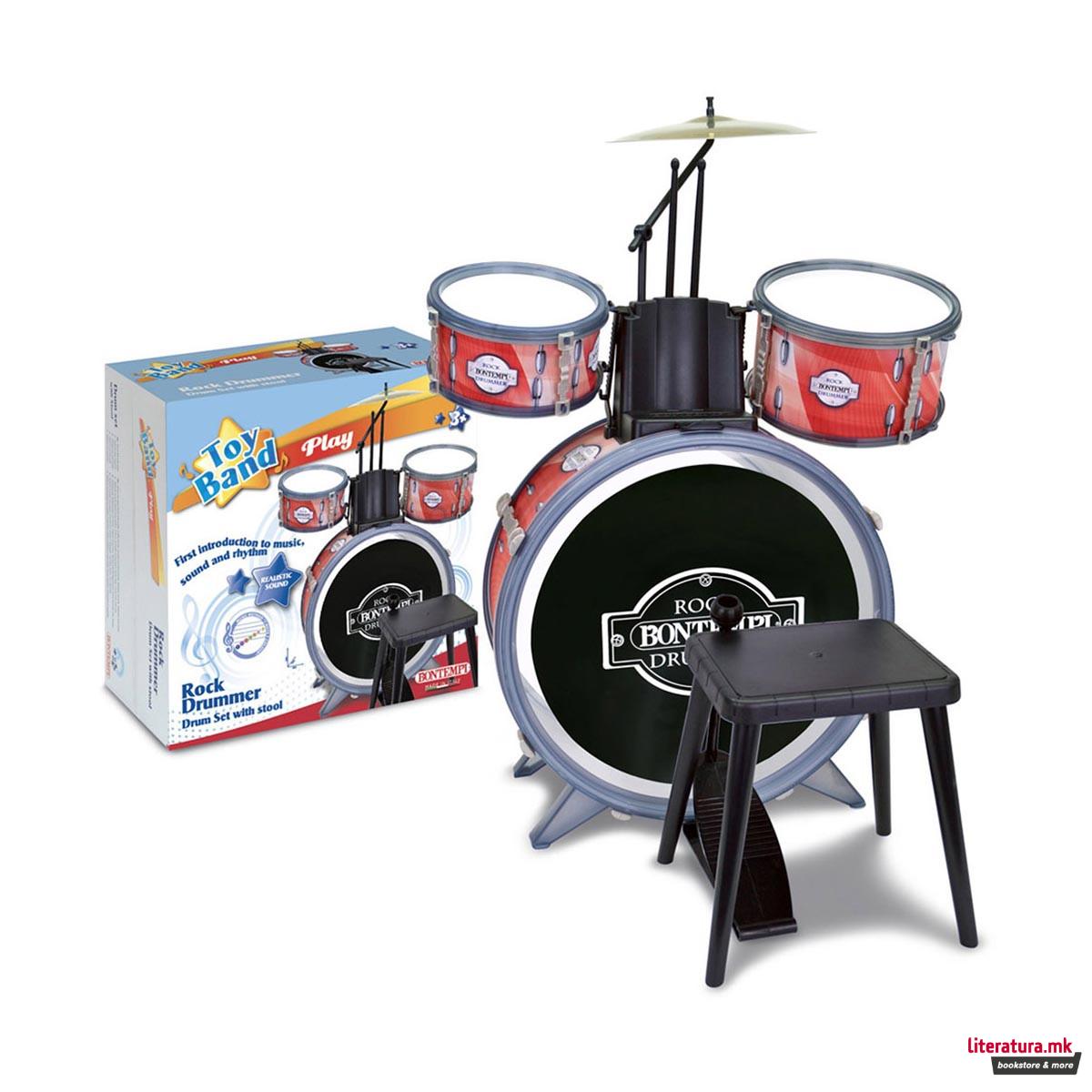 Сет тапани со столче, Toy Band, Rock Drum Set, 4 елементи, црвени 