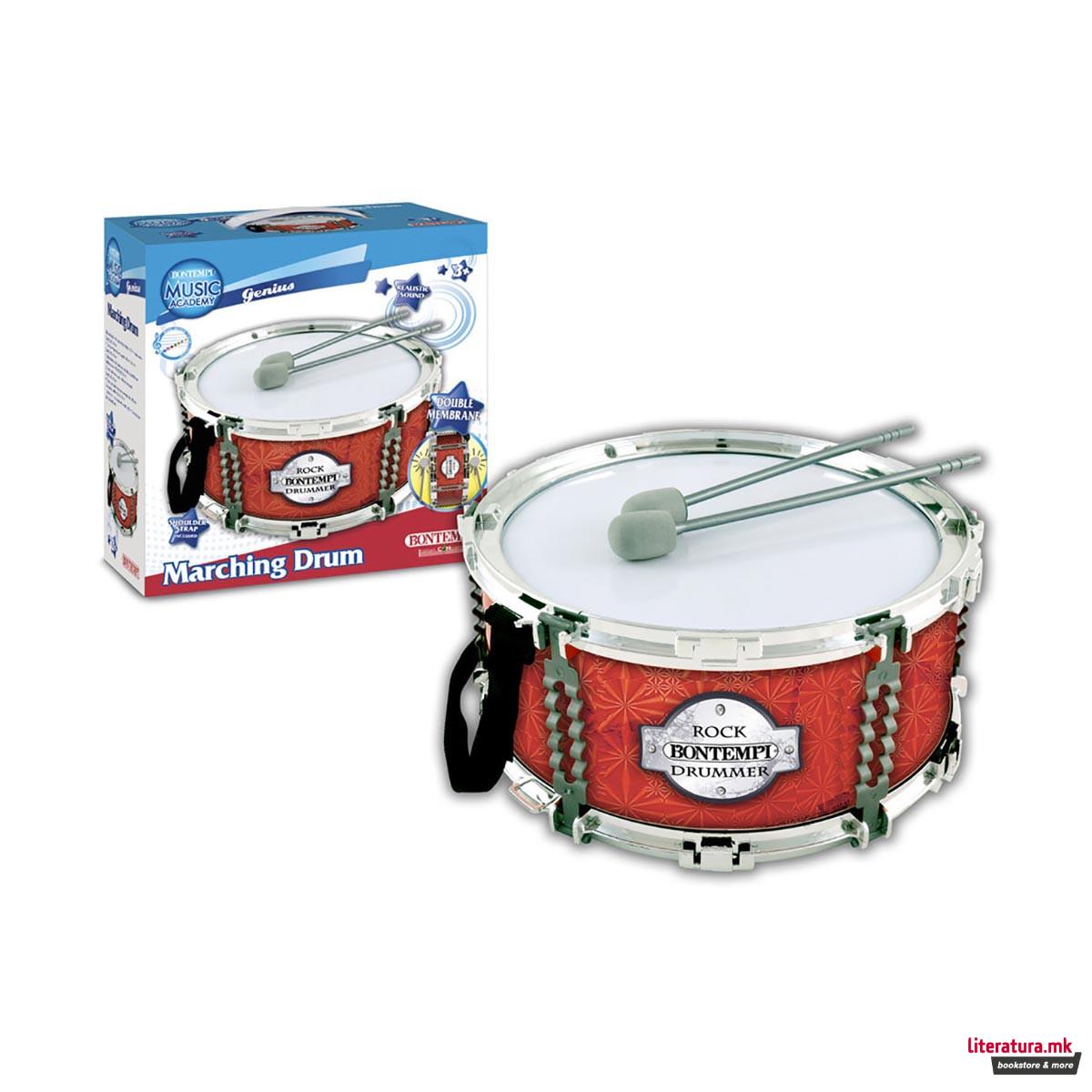 Тапан со ремен и стапчиња, iPlay, Marching Drum, црвен 