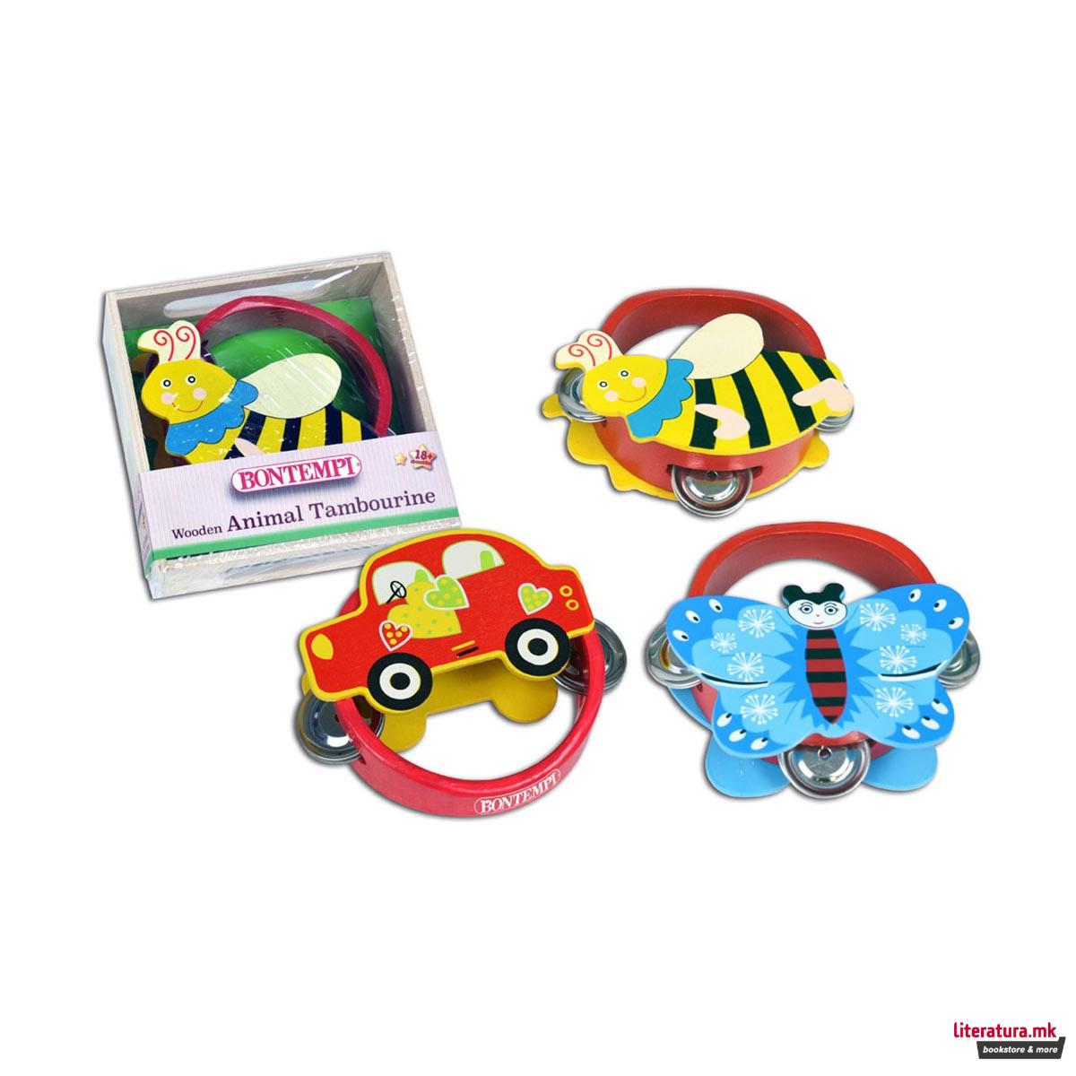 Дрвена тамбурина со животни, Wooden Animal Tambourine 