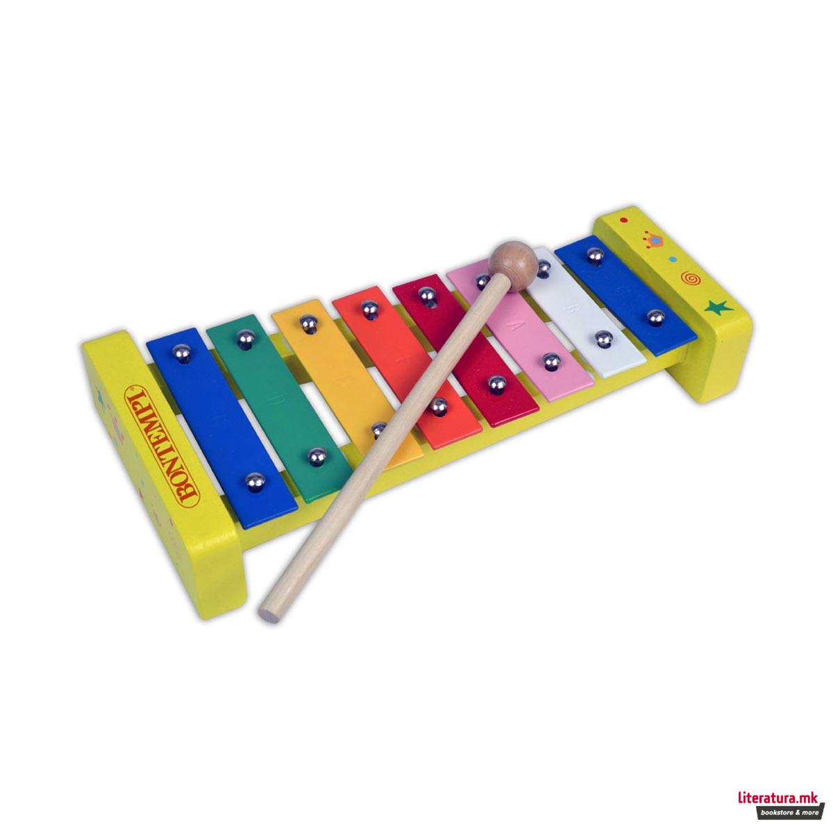 Дрвен ксилофон со метални плочки со стапче, Wooden Xylophone, 8 ноти 