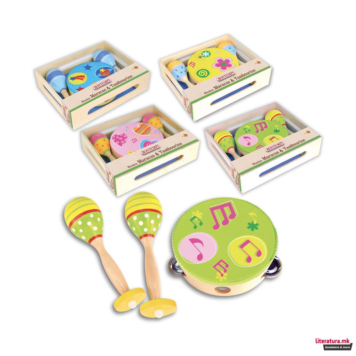 Сет - дрвени маракас и тамбурина, Wooden Maracas and Tambourine 