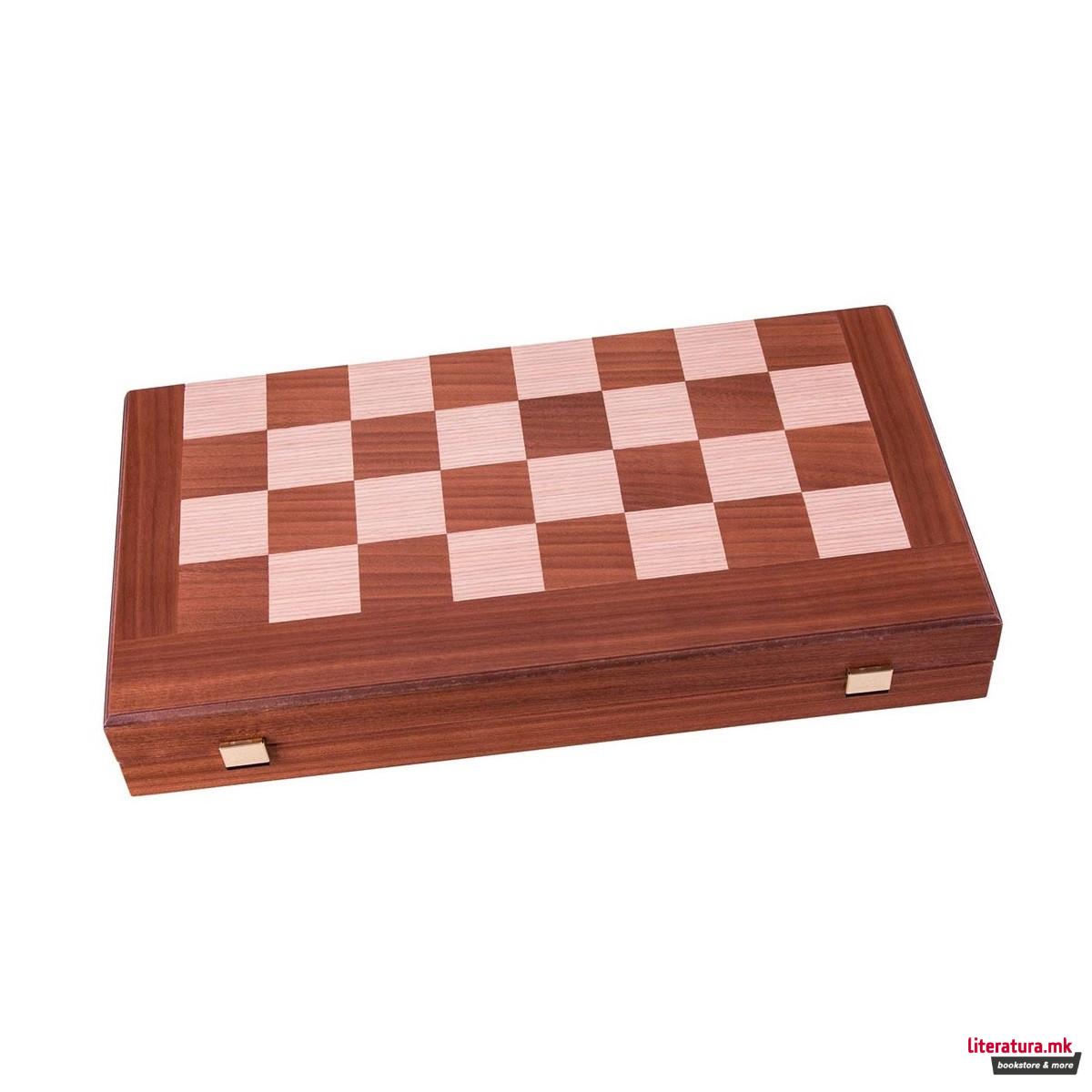 Сет за табла и шах, Handcrafted Mahogany - Elegant Marqetry Design 