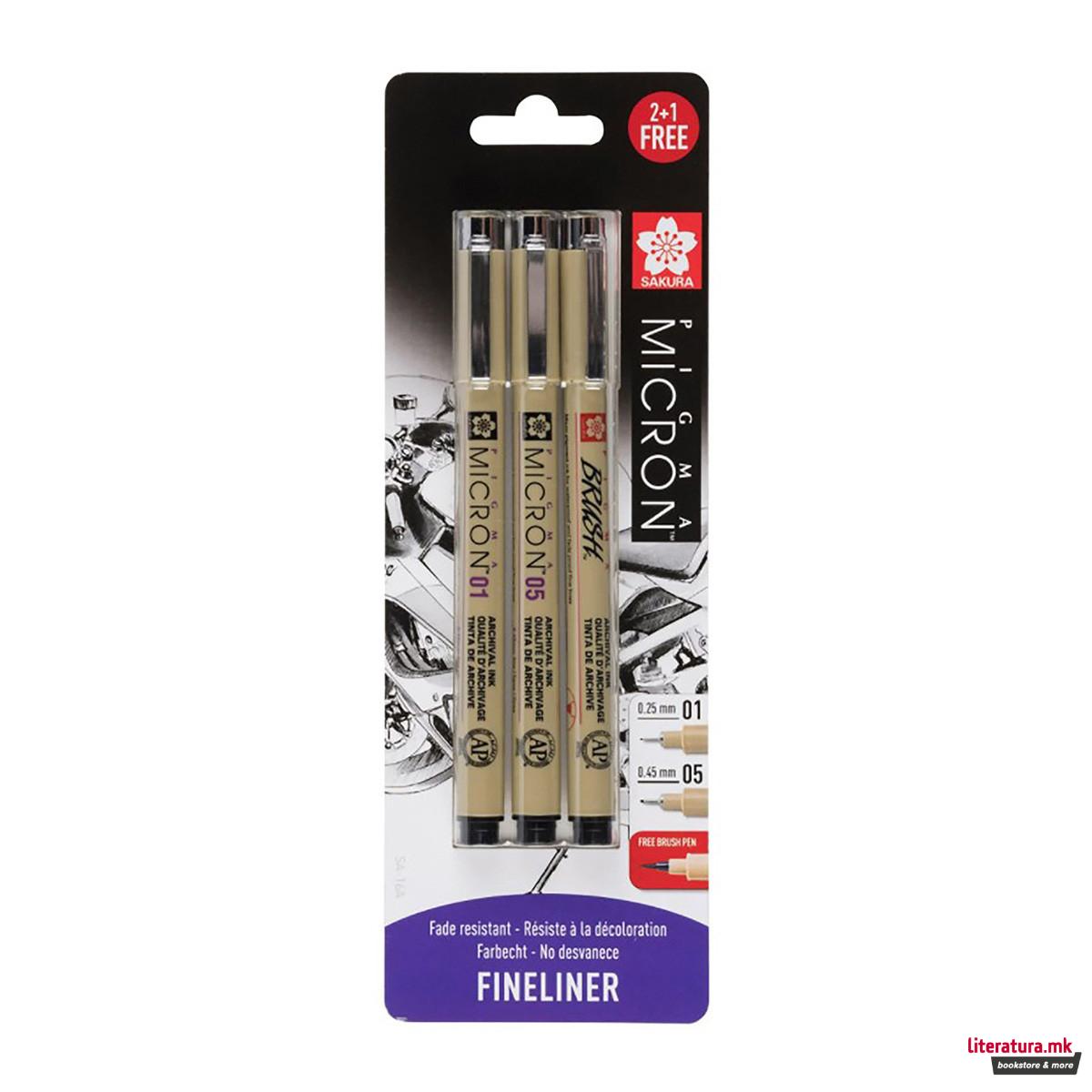 Сет фајнлајнери, Sakura, Pigma Mikron Fineliner set, 01/05/brush pen 