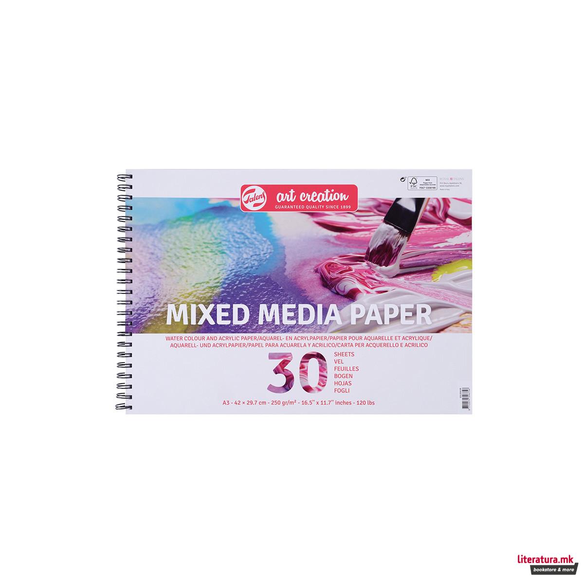 Хартија за комбинирана техника - блок со спирала, Talens Art Creation, A3, 250g, 30 листа 