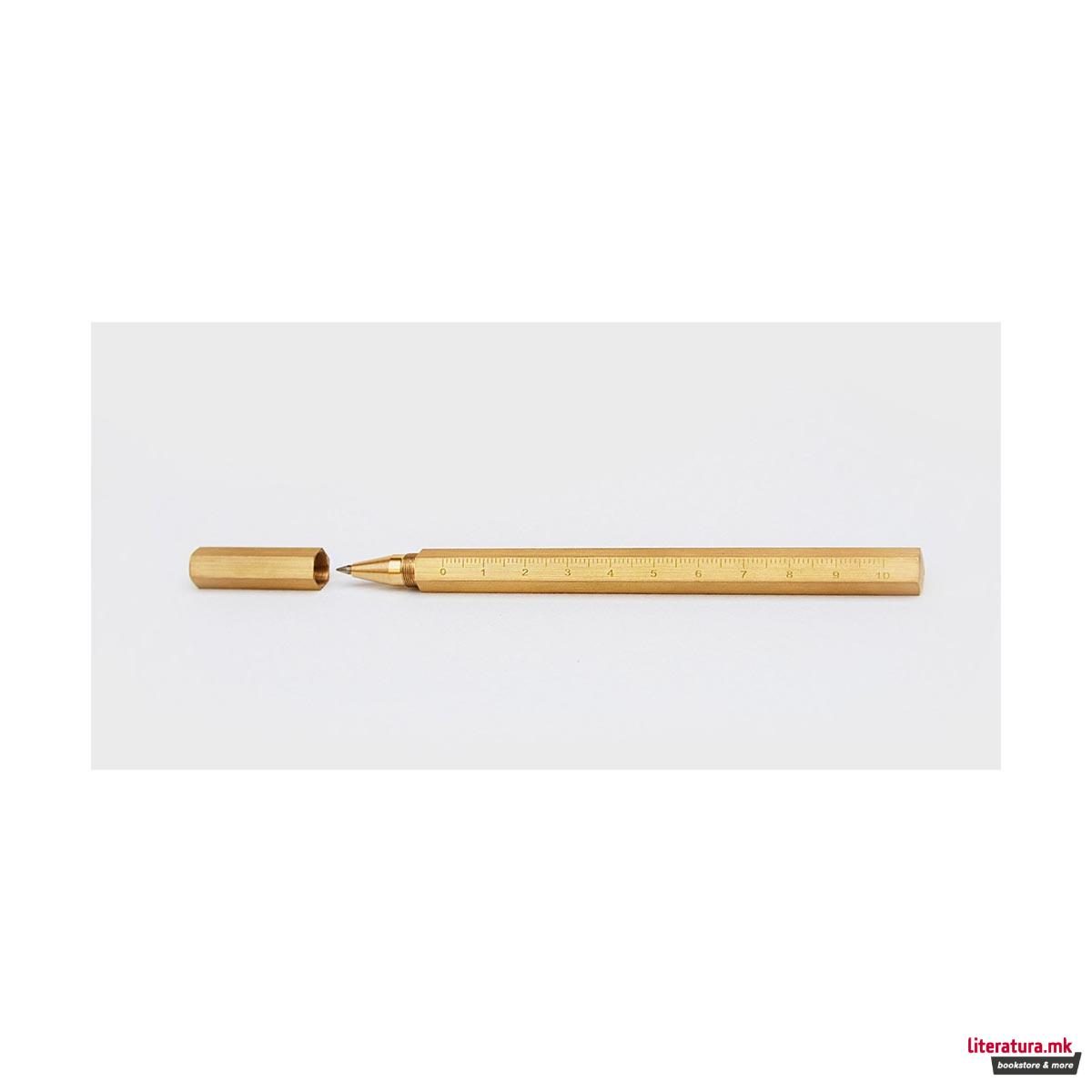 Пенкало - шестоаголно со линијар, Brass Hexagonal Pen 