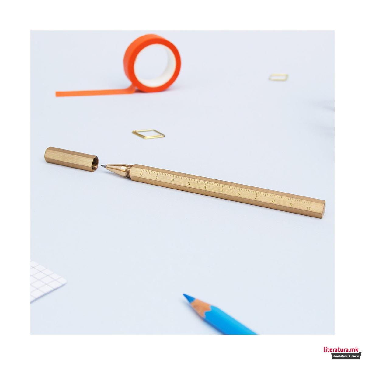 Пенкало - шестоаголно со линијар, Brass Hexagonal Pen 