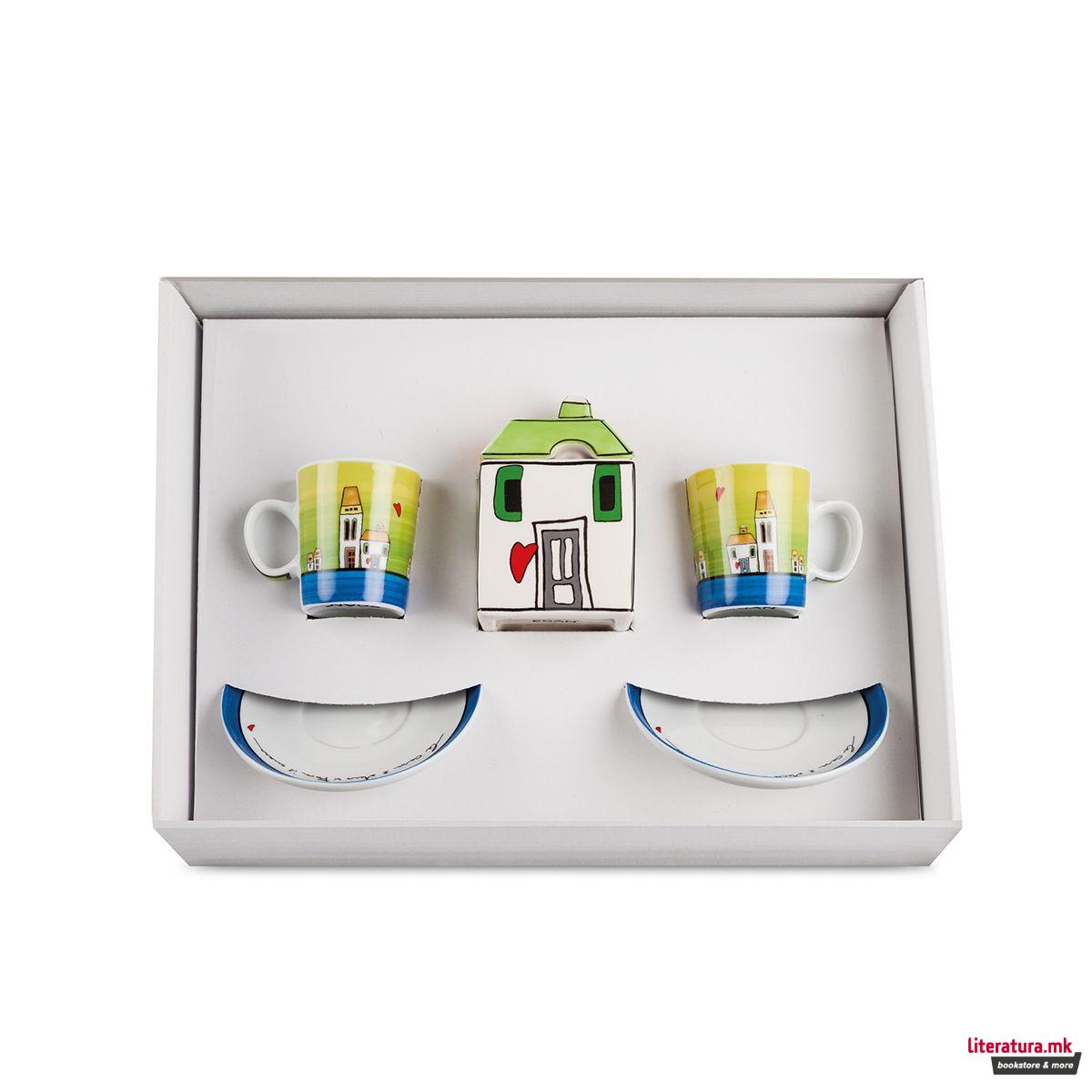 Сет од 2 шолји за кафе и сад за шеќер, Le Casette, зелени 