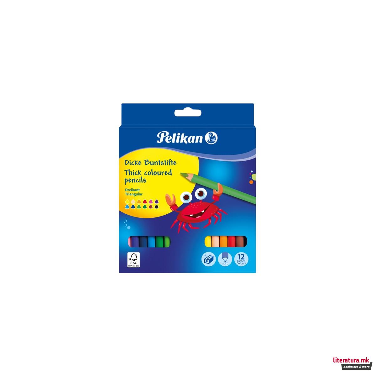 Дебели дрвени боици + Острилка, Pelikan, 12 бои 