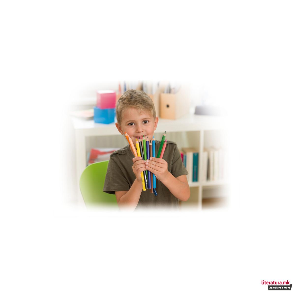 Дебели дрвени боици + Острилка, Pelikan, 12 бои 