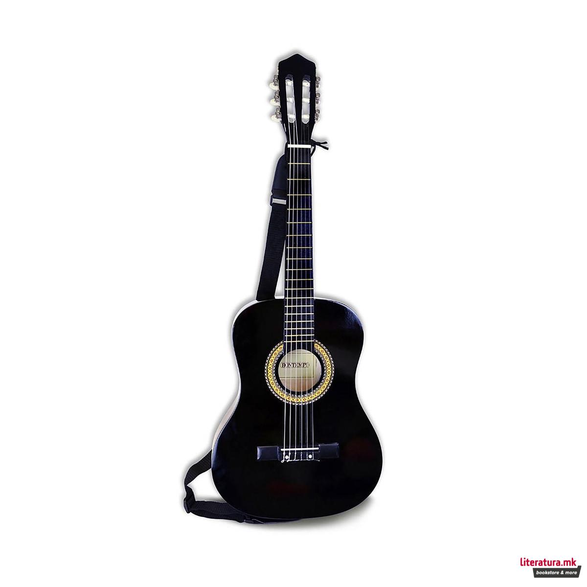 Дрвена гитара со ремен, Wooden Guitar, црна, 92cm