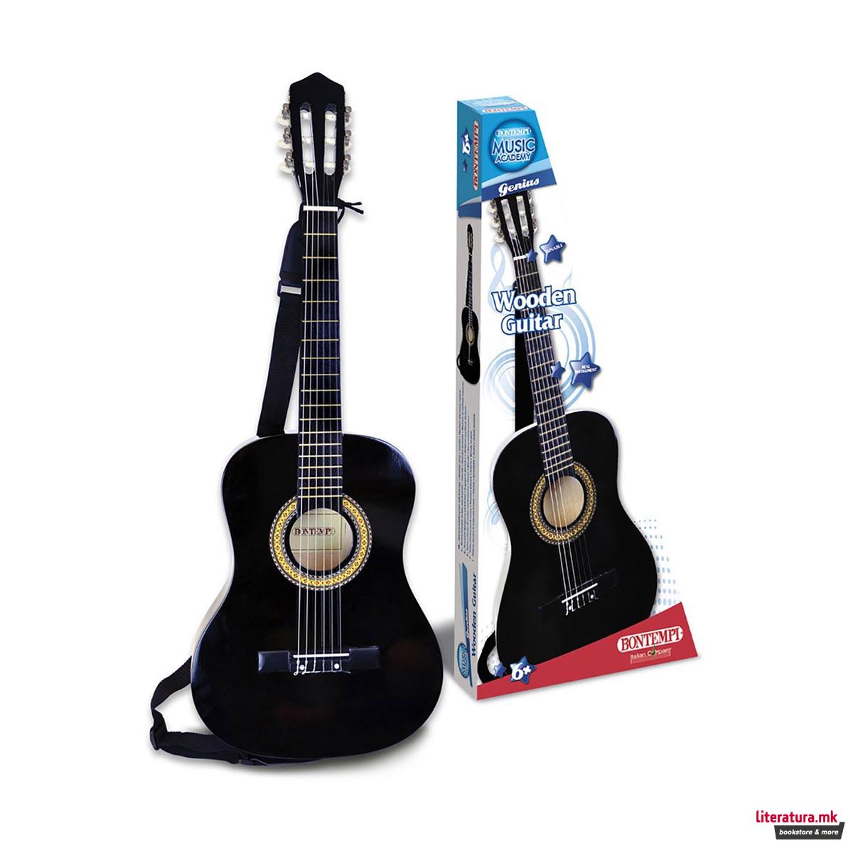 Дрвена гитара со ремен, Wooden Guitar, црна, 92cm