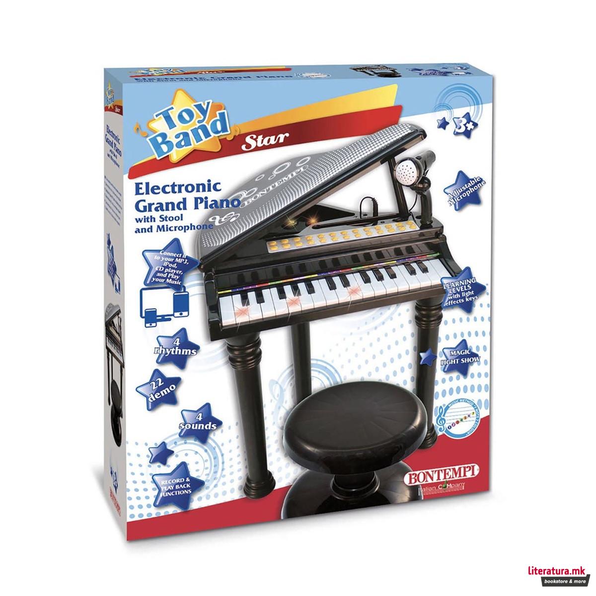 Електронско гранд пијано со микрофон и столче, Electronic Grand Piano, црно 