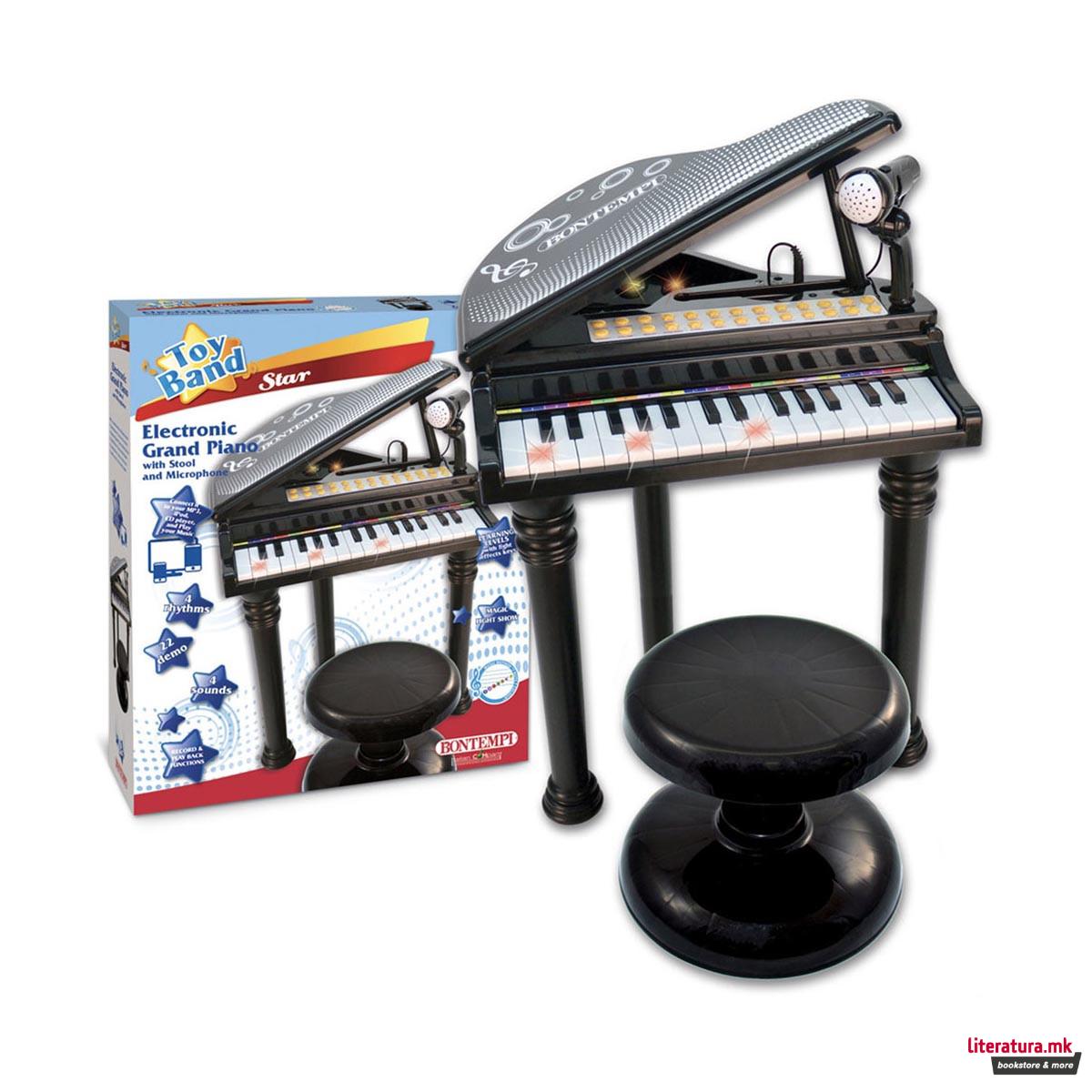 Електронско гранд пијано со микрофон и столче, Electronic Grand Piano, црно 