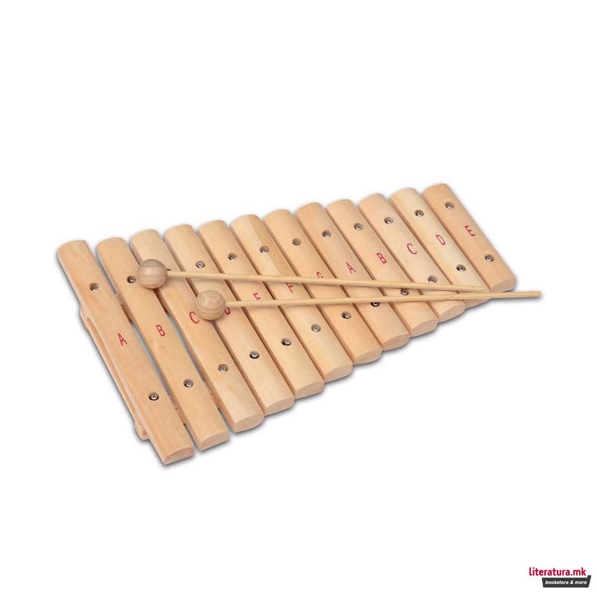 Дрвен ксилофон со 2 стапчиња, Wooden xylophone, 12 плочки