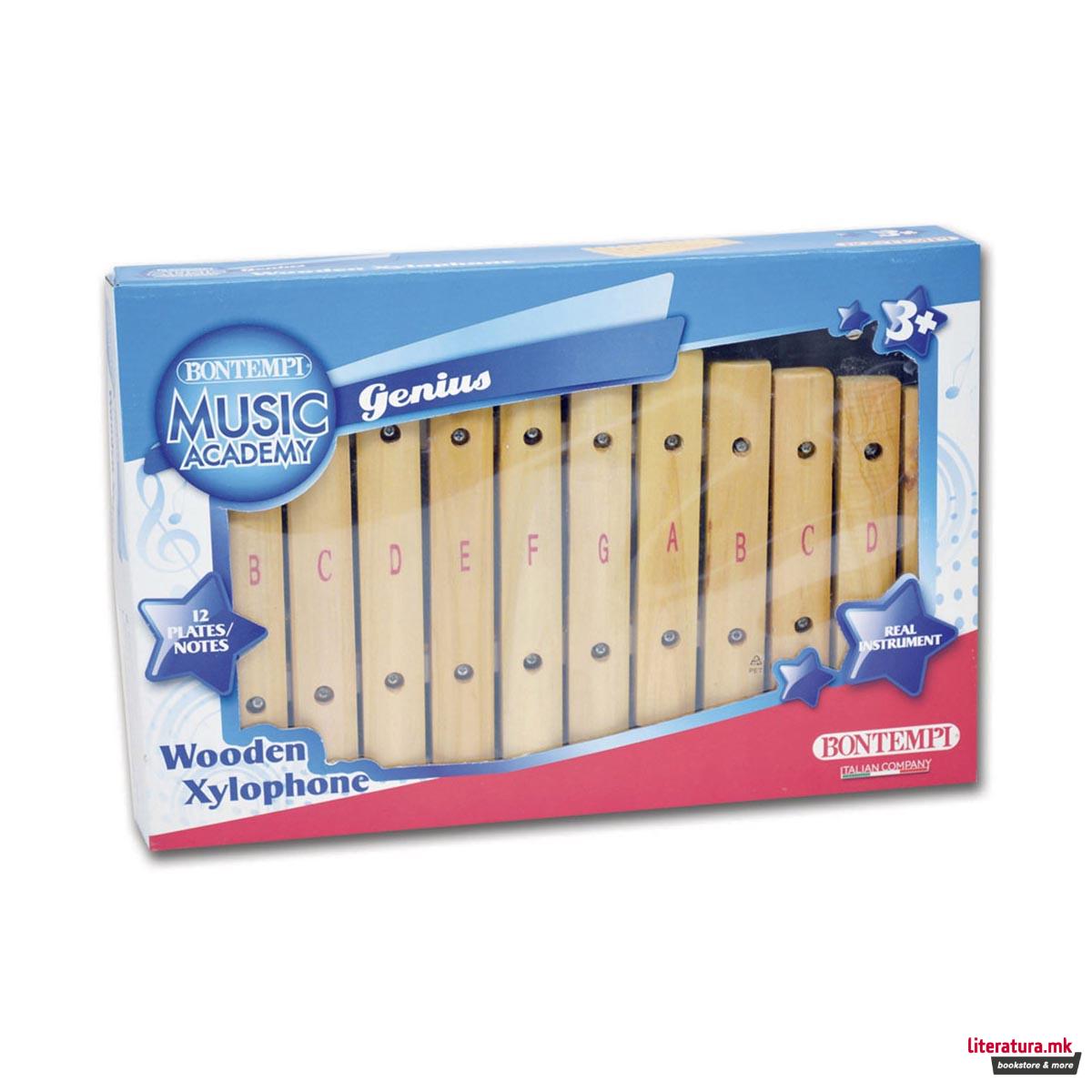 Дрвен ксилофон со 2 стапчиња, Wooden xylophone, 12 плочки