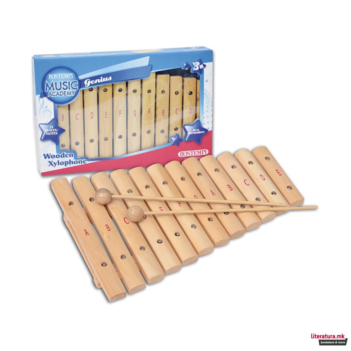 Дрвен ксилофон со 2 стапчиња, Wooden xylophone, 12 плочки