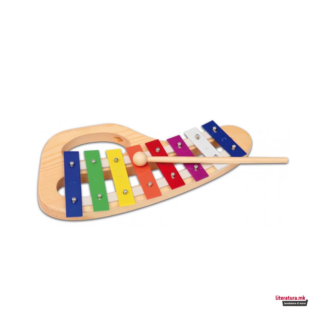 Дрвен металофон со 1 стапче, Wooden metallophone, 8 шарени плочки 