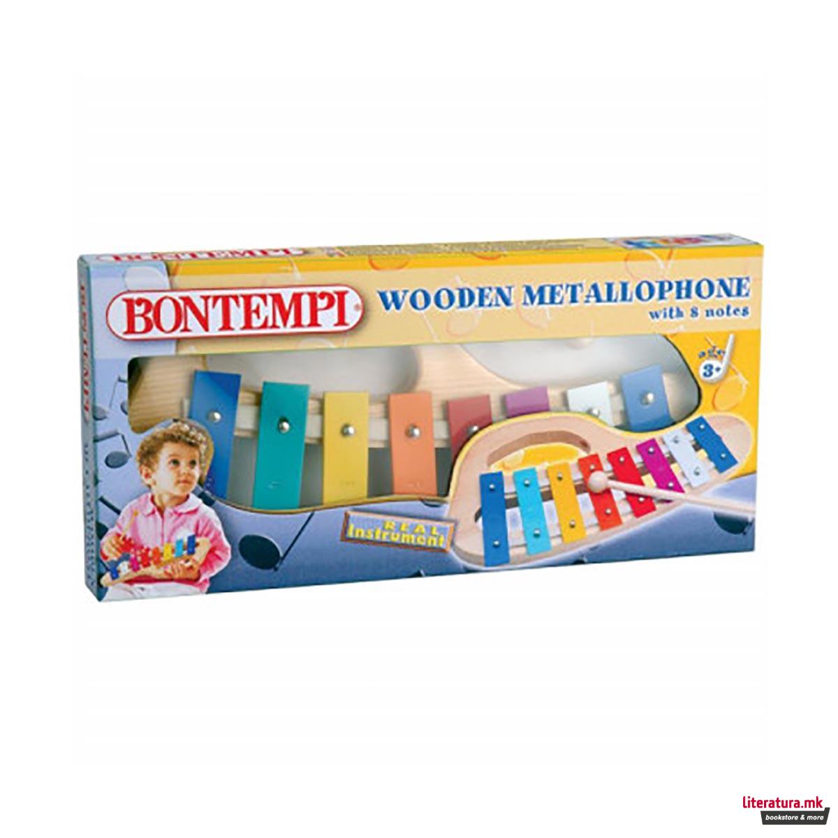 Дрвен металофон со 1 стапче, Wooden metallophone, 8 шарени плочки 